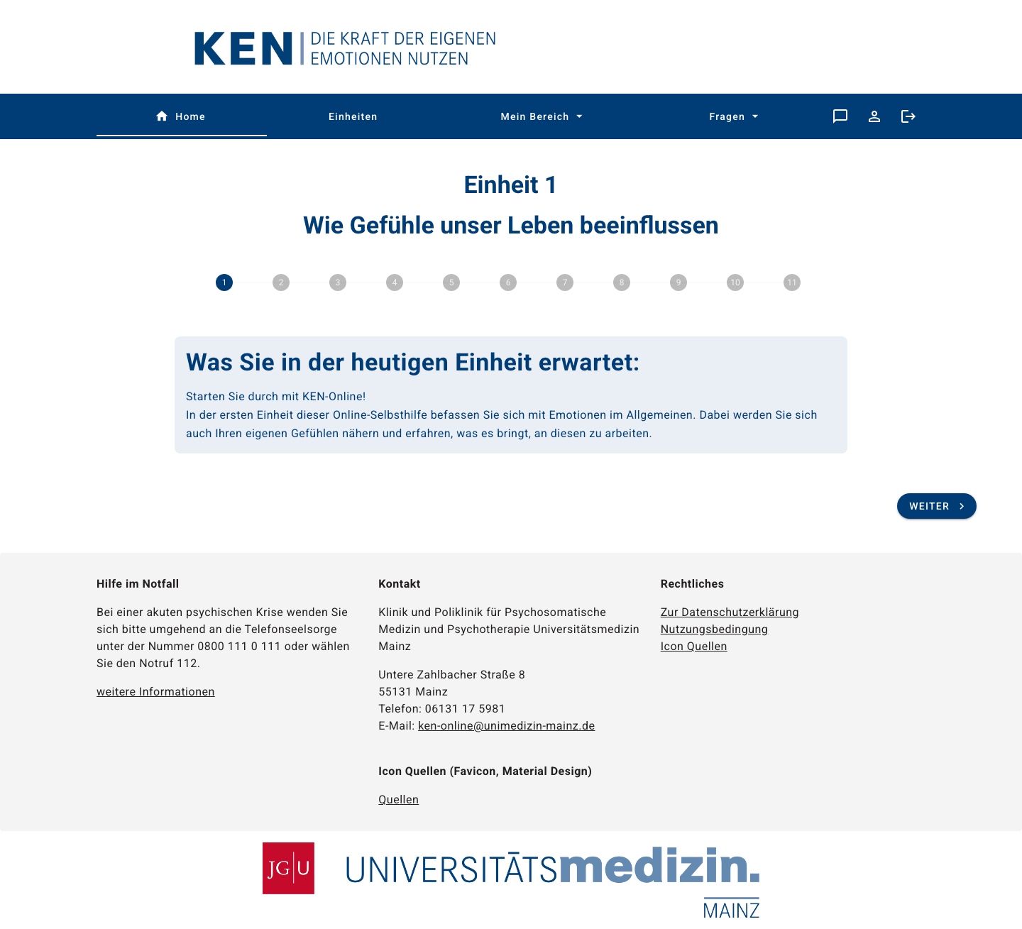 Übungseinheit – Desktop-Ansicht von „KEN-Online“